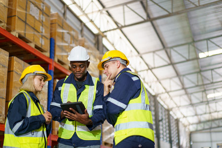 Diversity ethnicity of warehouse staff or engineer making a discussion together before start working, team of engineer in factory making a morning brief before working.の写真素材