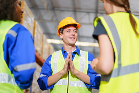 Group of professional multi national warehouse workers or staffs having a group discussion together in warehouse. Diversity in workplace concept.の写真素材