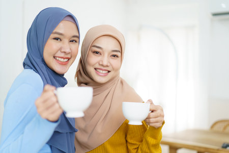 Happy cheerful Asian muslim women drinking a tea or coffee together in the living room and having a business discussion. Modern muslim people lifestyle concept.の写真素材