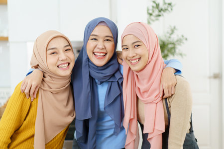 Happy cheerful Asian muslim women friend waving a hands and smiling to camera. Asian young muslim women colleague in relax lifestyle.の写真素材