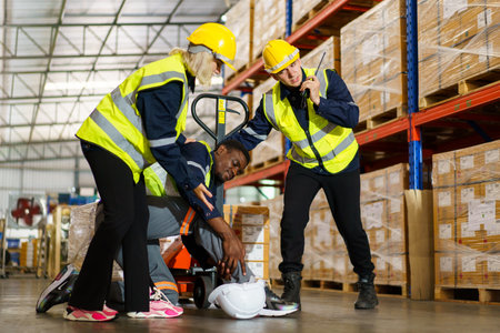 Male warehouse worker have an accident during working in the storage warehouse and his friends come to help or assist him and taking him to the safety area.の写真素材