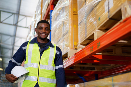 Happy cheerful African - American black ethnicity male warehouse staff smiling to camera portrait. Professional storage warehouse worker or engineer looks and smiles to camera.の写真素材