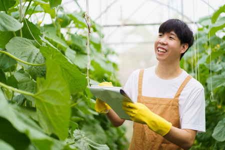 Happy cheerful Asian watermelon worker inspecting or analyzing an agricultural product quality. Asian male farmer check a quality of organic watermelon fruit in greenhouse.の写真素材