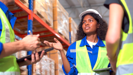 Happy Asian senior supervisor working - inspecting an items in the warehouse, smart and good looking handsome Asian man portrait while working in the warehouse. Warehouse worker working.の写真素材