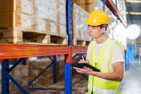 Senior warehouse supervisor inspecting or checking an items inventory in the warehouse. Male logistic warehouse worker checking a cartons on shelf.の写真素材