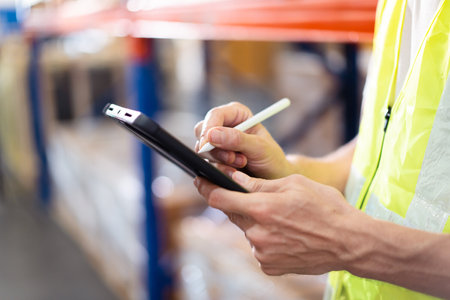 Professional warehouse staff using digital tablet to review the stock inventory on shelf in an import - export warehouse. Senior warehouse worker uses tablet to check an item on rack.の写真素材