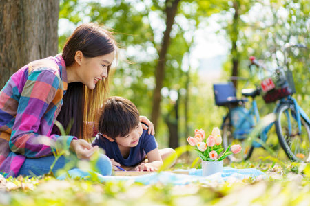 Happy cheerful Asian lovely little boy and mother sitting under the tree at park in the morning and drawing a picture. Asian woman spending time in weekend with her lovely little son.の写真素材