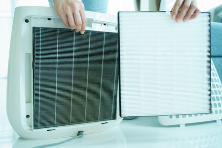 Asian woman changing the dirty air purifier filter after using for a long time in the dirty air environment. Using air purifier clean the air for better atmosphere in a house.の写真素材