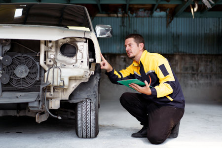 Senior professional automotive technician inspecting the damaged vehicle in garage. Car mechanical engineer or technician inspecting and checking surrounding the car before fixing.の写真素材