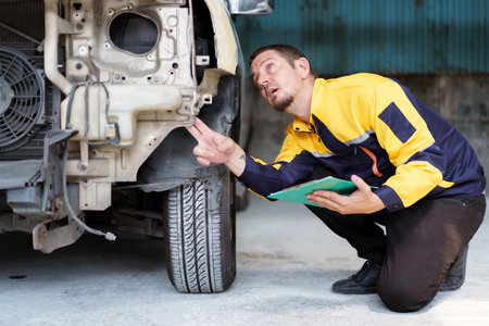 Senior professional automotive technician inspecting the damaged vehicle in garage. Car mechanical engineer or technician inspecting and checking surrounding the car before fixing.の写真素材