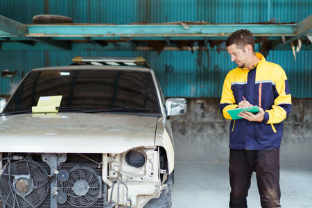 Senior professional automotive technician inspecting the damaged vehicle in garage. Car mechanical engineer or technician inspecting and checking surrounding the car before fixing.の写真素材