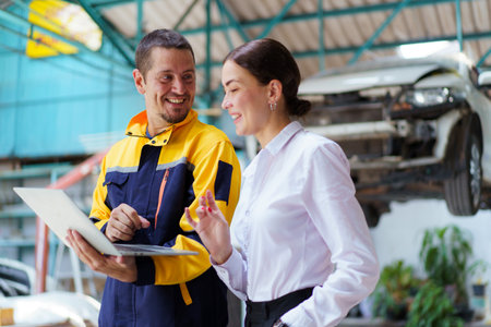 Caucasian white young woman taking her car to garage to have an annual check up and talking or discussing to technician. Automobile repairing and diagnostics service business concept.の写真素材