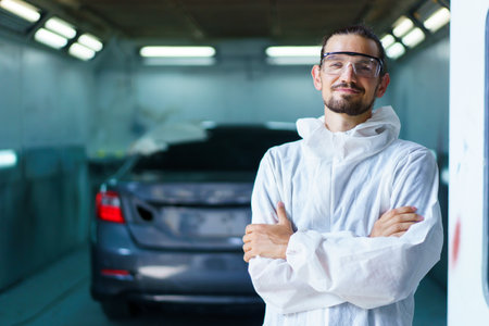Team of professional automotive painting technician in chemical protecting suit standing in front of the painting chamber together. Car painting and detailing technicians portrait.の写真素材