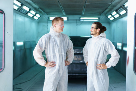Team of professional automotive painting technician in chemical protecting suit standing in front of the painting chamber together. Car painting and detailing technicians portrait.の写真素材