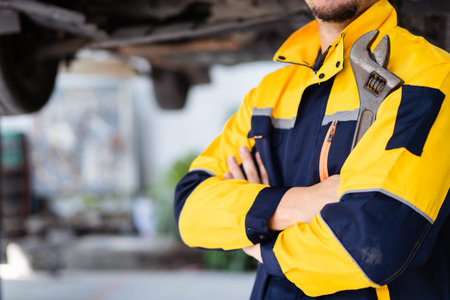 Professional caucasian white automobile technician holding a wrench and making crossed arms and looking at camera.の写真素材