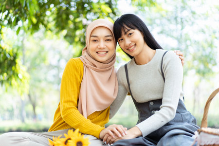 Happy beautiful Asian Muslim women and friend relaxing - having a meal together in a park, different or diverse religious friends concept.の写真素材