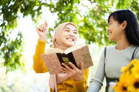 Happy beautiful Asian females Muslim student and friends reading a textbook together in a park. Diversity in ethnic and religious concept.の写真素材