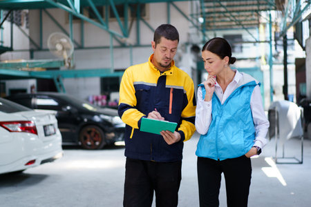 Young caucasian white woman taking technician in garage about vehicla annual check up - maintenance.の写真素材