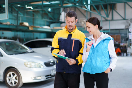 Young caucasian white woman taking technician in garage about vehicla annual check up - maintenance.の写真素材