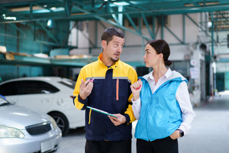Young caucasian white woman taking technician in garage about vehicla annual check up - maintenance.の写真素材