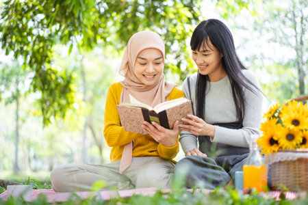 Happy beautiful Asian females Muslim student and friends reading a textbook together in a park. Diversity in ethnic and religious concept.の写真素材