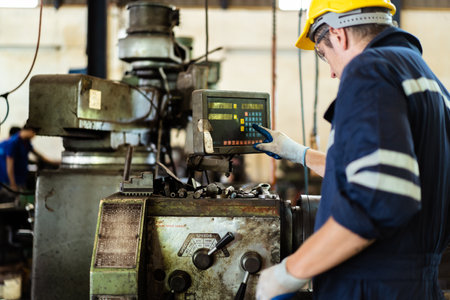 Professional caucasian white ethnicity male technician operating the heavy duty machine in the lathing factory. Technician in safety and helmet suit controlling a machine in factory.の写真素材