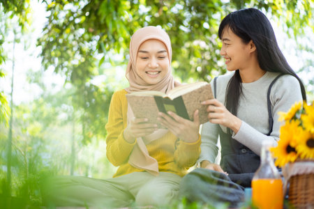 Happy beautiful Asian females Muslim student and friends reading a textbook together in a park. Diversity in ethnic and religious concept.の写真素材