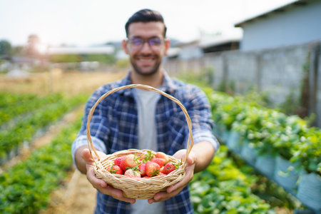 Happy Asian strawberry male worker collecting or harvesting a red strawberry fruits in the organic strawberry farm.の写真素材
