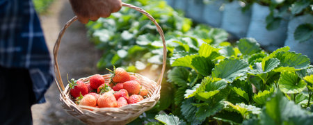 Happy Asian strawberry male worker collecting or harvesting a red strawberry fruits in the organic strawberry farm.の写真素材
