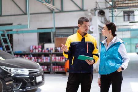Automotive technician taking a customer to the repairing workshop in garage and explaining about vehicle inspection process.の写真素材
