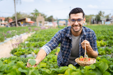 Happy cheerful Asian strawberry farmer picking up or harvesting a fresh strawberries in the strawberry field.の写真素材