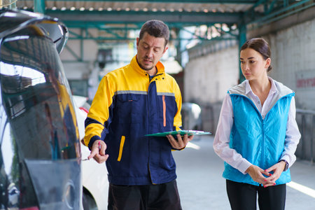 Automotive technician taking a customer to the repairing workshop in garage and explaining about vehicle inspection process.の写真素材