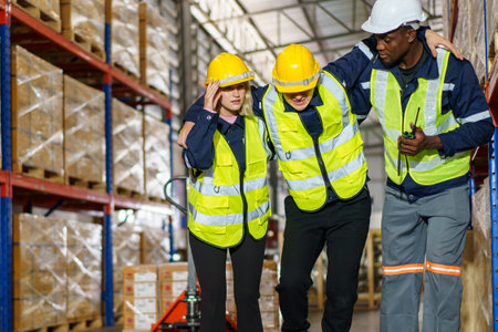 Male warehouse worker have an accident during working in the storage warehouse and his friends come to help or assist him and taking him to the safety area.の写真素材