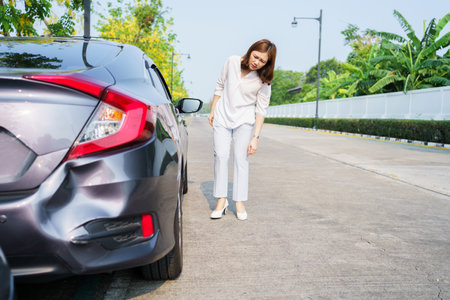 Car crashed at rear bumper. Road accident from careless driver.の写真素材