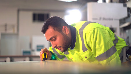 Professional Asian foreman or engineer using tape measure to measure a length of wood board. Man working in the wood cutting factory.の写真素材