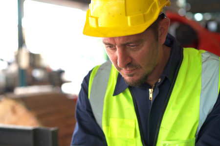 Professional caucasian white ethnicity male technician operating the heavy duty machine in the...