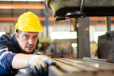 Professional caucasian white ethnicity male technician operating the heavy duty machine in the lathing factory. Technician in safety and helmet suit controlling a machine in factory.の写真素材