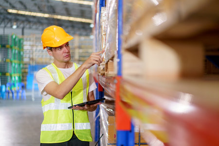 Happy cheerful caucasian white male warehouse worker checking an items or stock inventory in warehouse. Professional occupation in logistic industrial concept.の写真素材