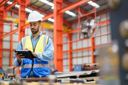 Professional Asian industrial engineer inspecting a heavy machine in metal sheet manufacturing...