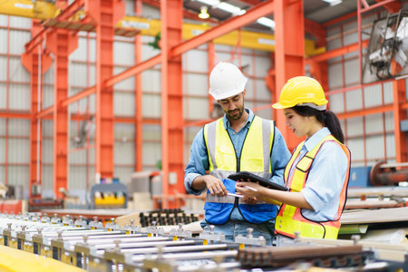 Professional Asian industrial engineer inspecting a heavy machine in metal sheet manufacturing factory.の写真素材