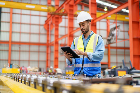 Professional Asian industrial engineer inspecting a heavy machine in metal sheet manufacturing factory.の写真素材