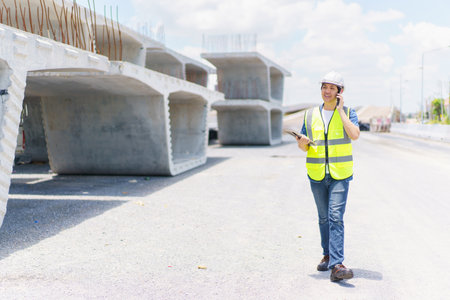 Professional senior Asian civil engineer working at the heavy infrastructure construction site, civil engineer - foreman inspecting the segmentation construction bridge.の写真素材