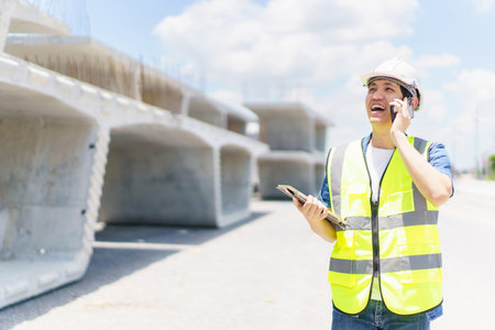 Professional senior Asian civil engineer working at the heavy infrastructure construction site, civil engineer - foreman inspecting the segmentation construction bridge.の写真素材