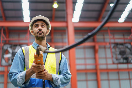 Factory worker - technician controlling a heavy crane in factory close up at his hands holing a crane controller.の写真素材