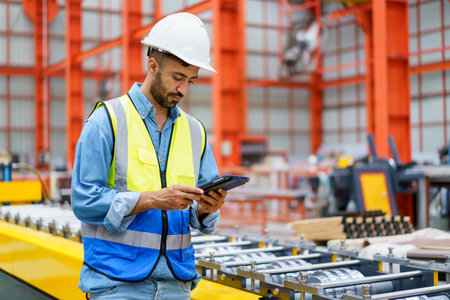 Professional Asian industrial engineer inspecting a heavy machine in metal sheet manufacturing factory.の写真素材