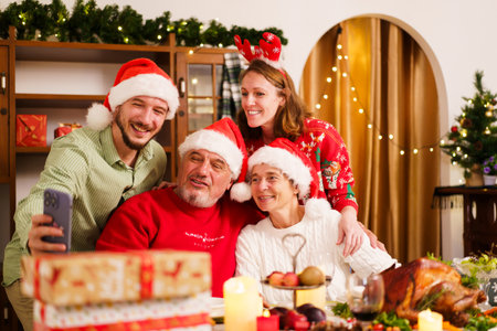 Happy - cheerful caucasian white family enjoy the time to celebrating the Christmas Eve and New Year festival together, caucasian white people family cheers a wine together in Christmas party.の写真素材