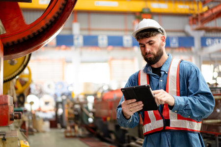 Senior professional electrical or industrial engineer inspecting and repairing a robotic system in the manufacturing factory close up. Robotic technician repairing - fixing a automated machine.の写真素材