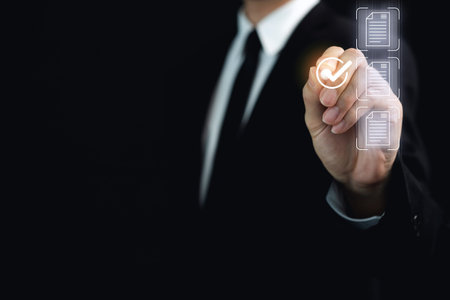 CEO or project manager check a mark for the correction of documents by digital devices. Businessman...