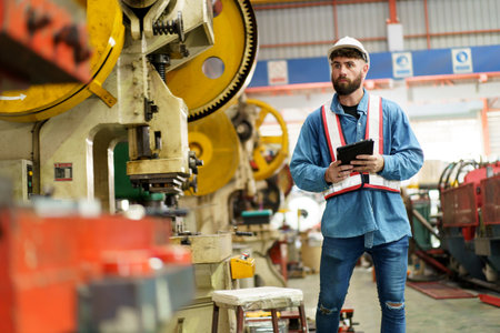 Senior professional electrical or industrial engineer inspecting and repairing a robotic system in the manufacturing factory close up. Robotic technician repairing - fixing a automated machine.の写真素材