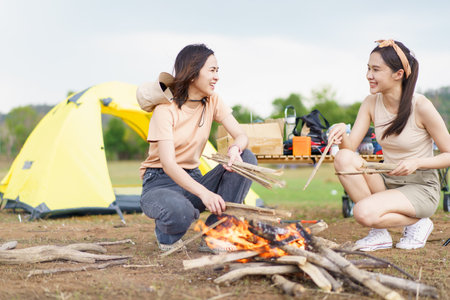 Happy Asian women light a fire near their camping site together prepare for cooking and warmth. Women enjoy camping activity.の写真素材